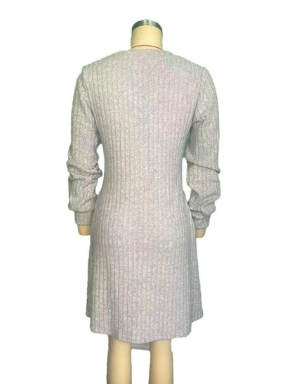 V-Neck Long Sleeve Ribbed Dress