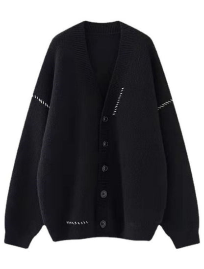 Oversized Button-Up Cardigan with Ribbed Trim [NON-RETURNABLE]