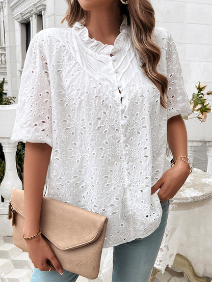 DVI407038T Eyelet Puff-Sleeve Button-Up Shirt