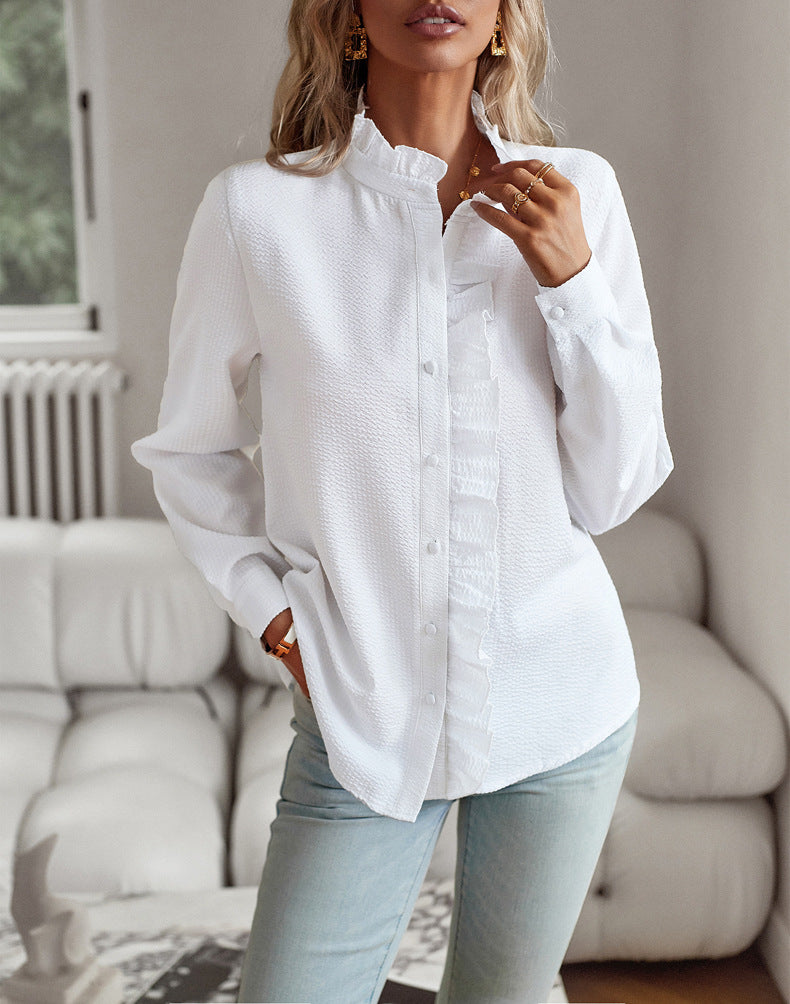 DVI407041T Ruffle Trim Button-Up Shirt