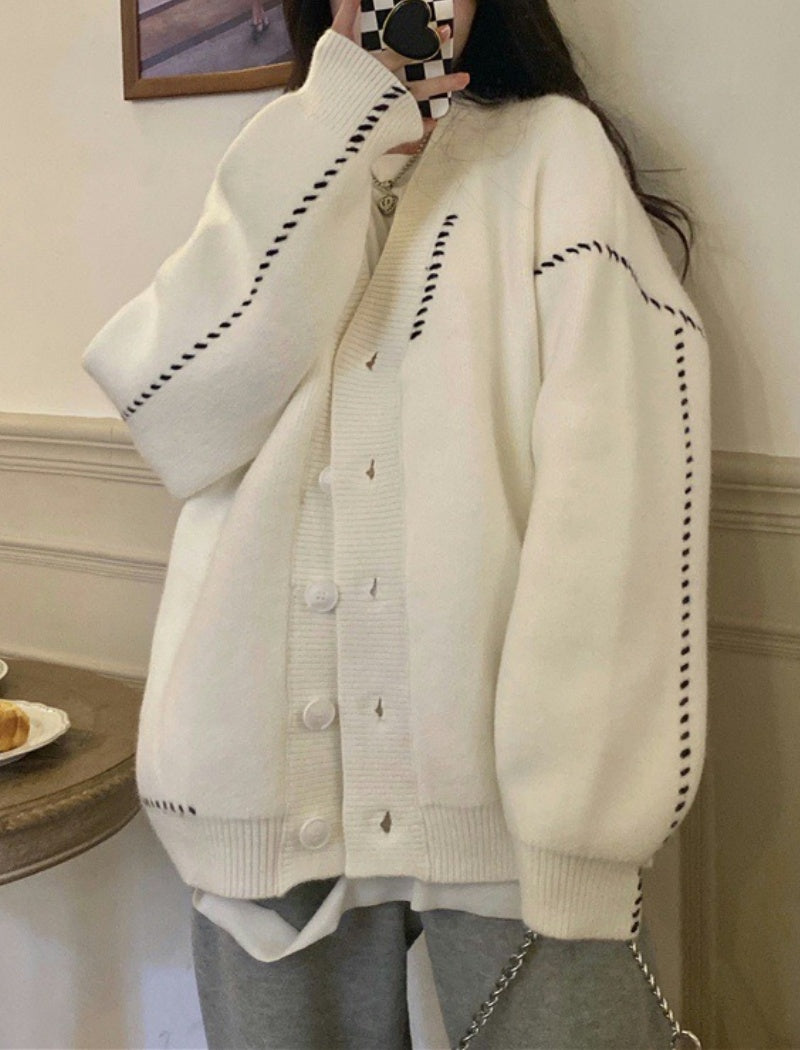 Oversized Button-Up Cardigan with Ribbed Trim [NON-RETURNABLE]