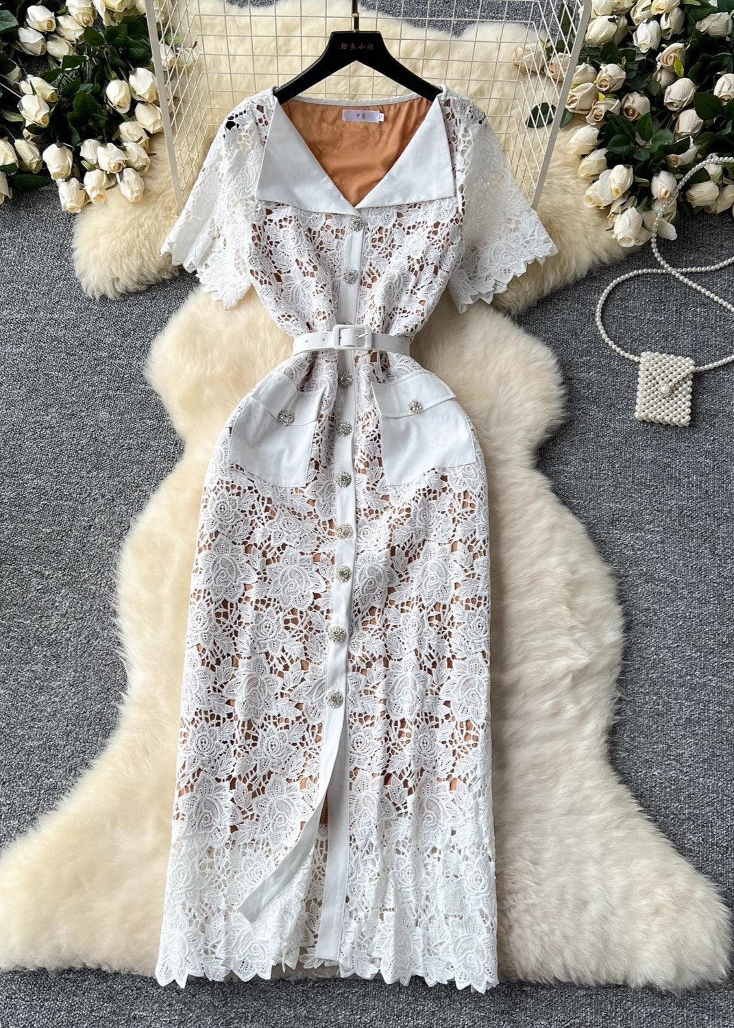 Button-Up Lace Cutout Maxi Dress