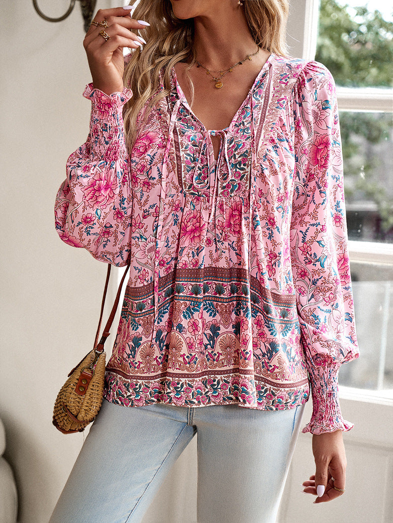 DVI407039T Boho Floral Print Peasant Shirt