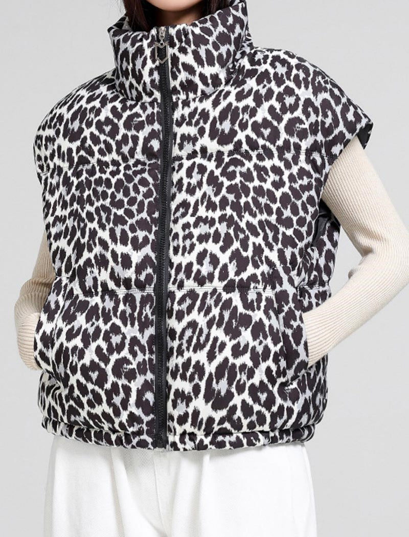 Sleeveless Leopard Print Puffer Vest