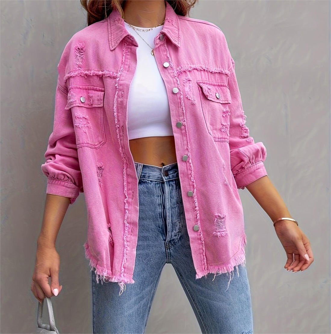 Solid Mid-Length Ripped Denim Jacket