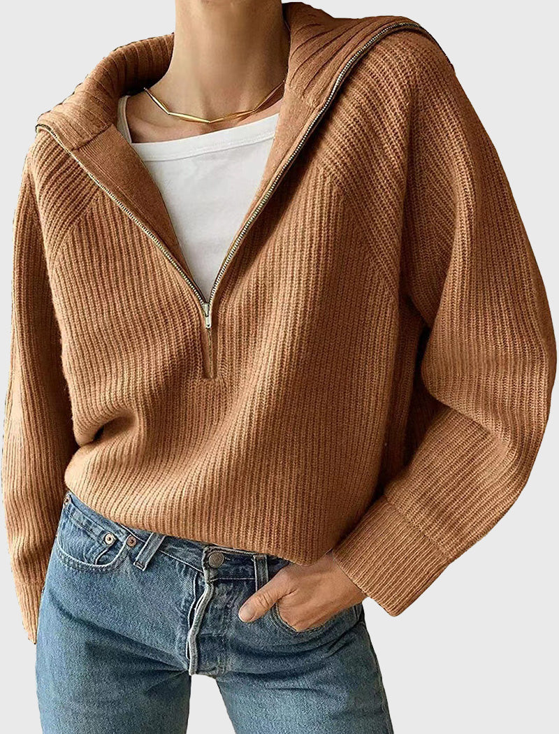 Half-Zip Ribbed Sweater with Relaxed Fit