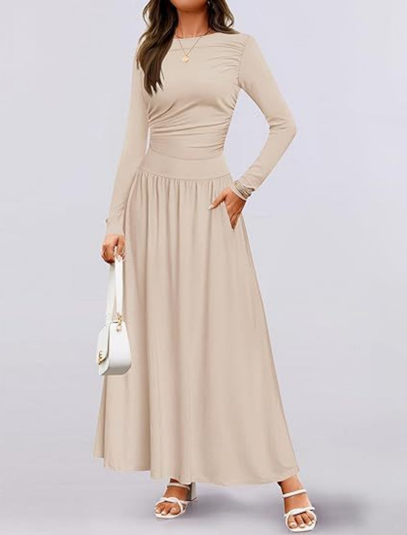 Long-Sleeve Pleated Maxi Dress