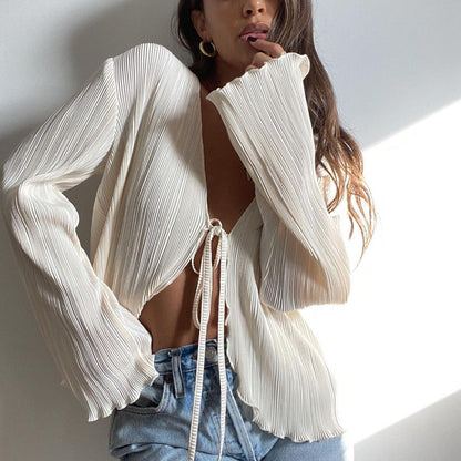 Pleated Tie-Front Crop Blouse