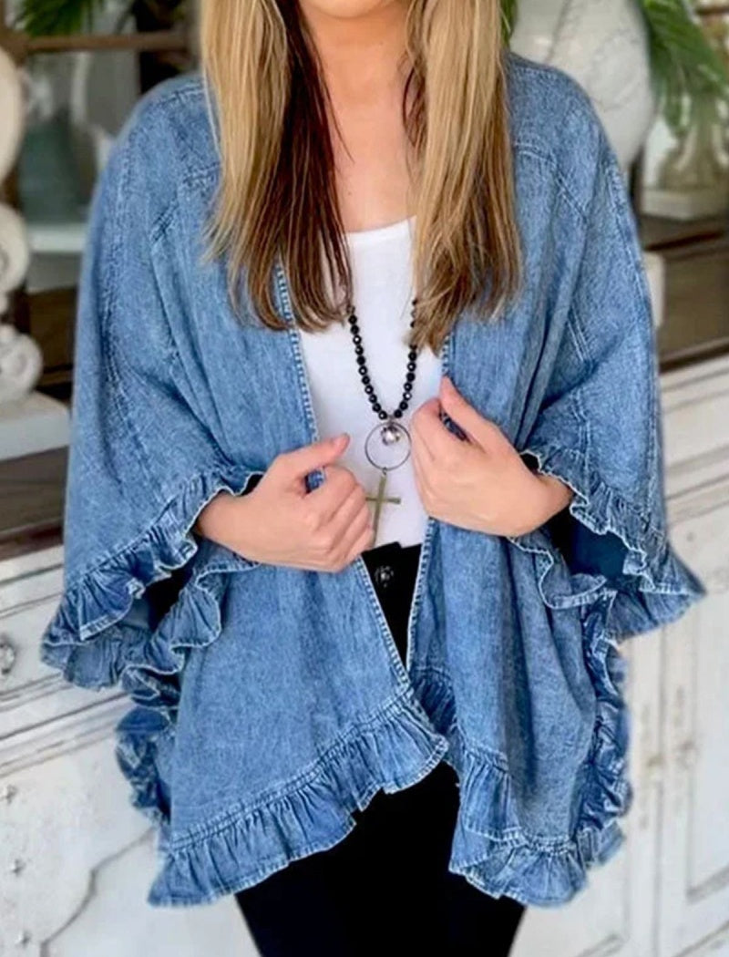 Denim Kimono with Ruffle Trim