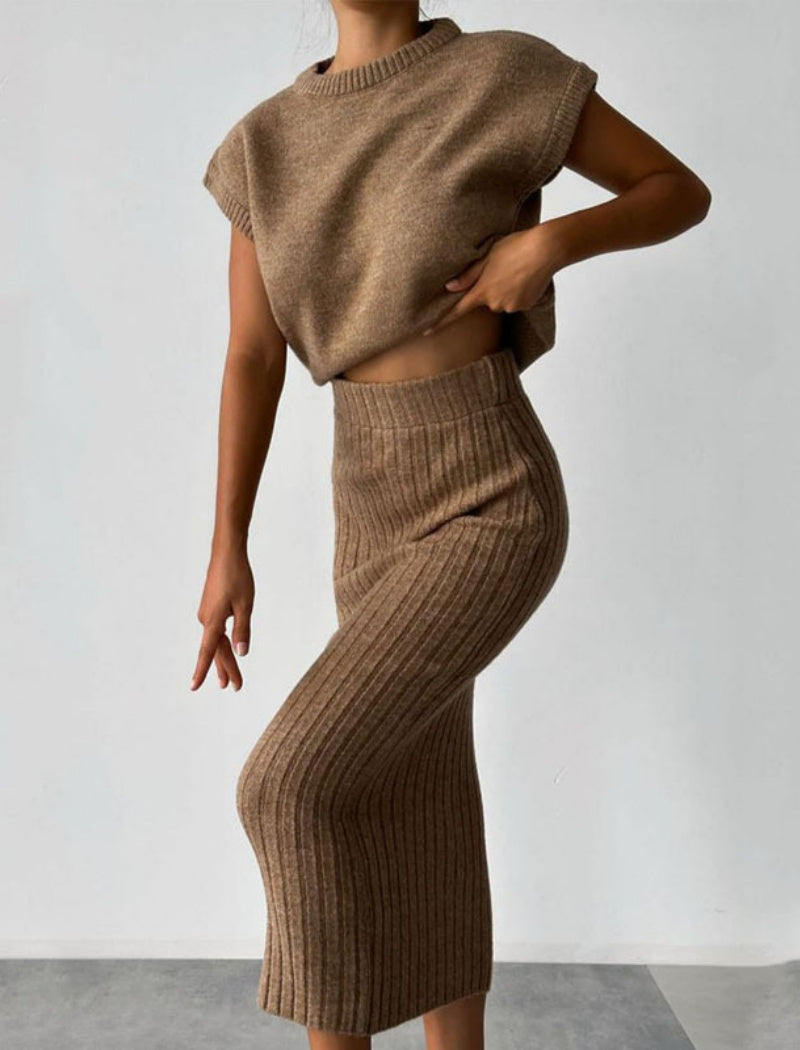 Ribbed Knit Crop Top and Skirt Set