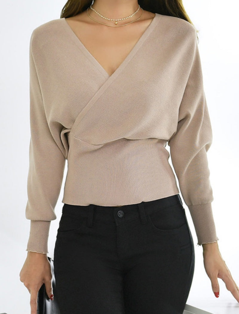 Deep V-Neck Batwing Sleeve Knit Sweater