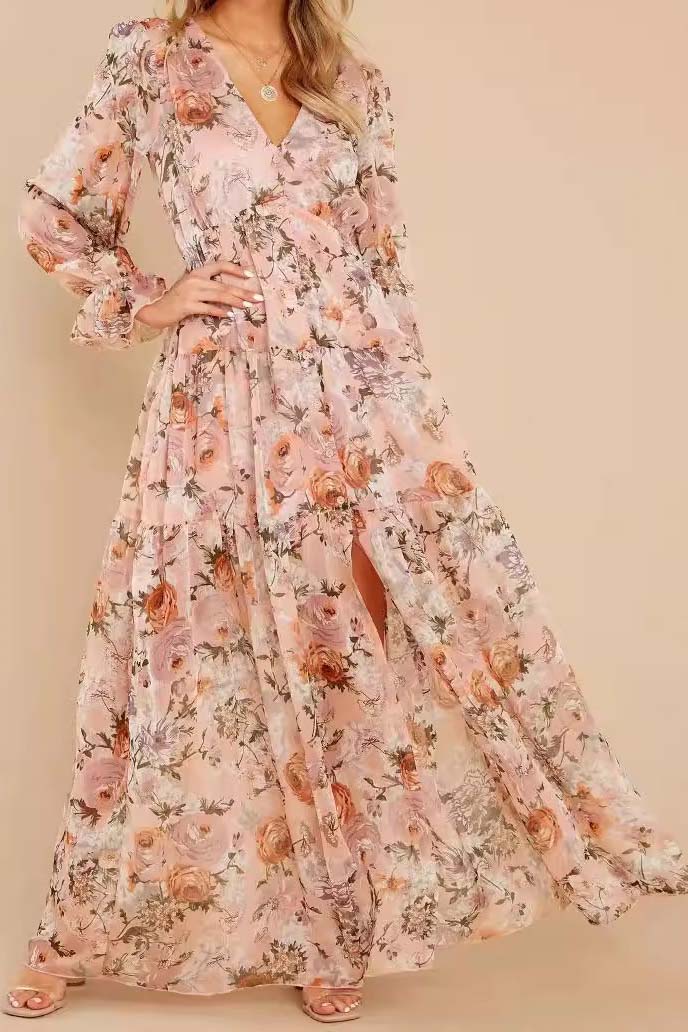 Floral Print V-Neck Maxi Slit Dress