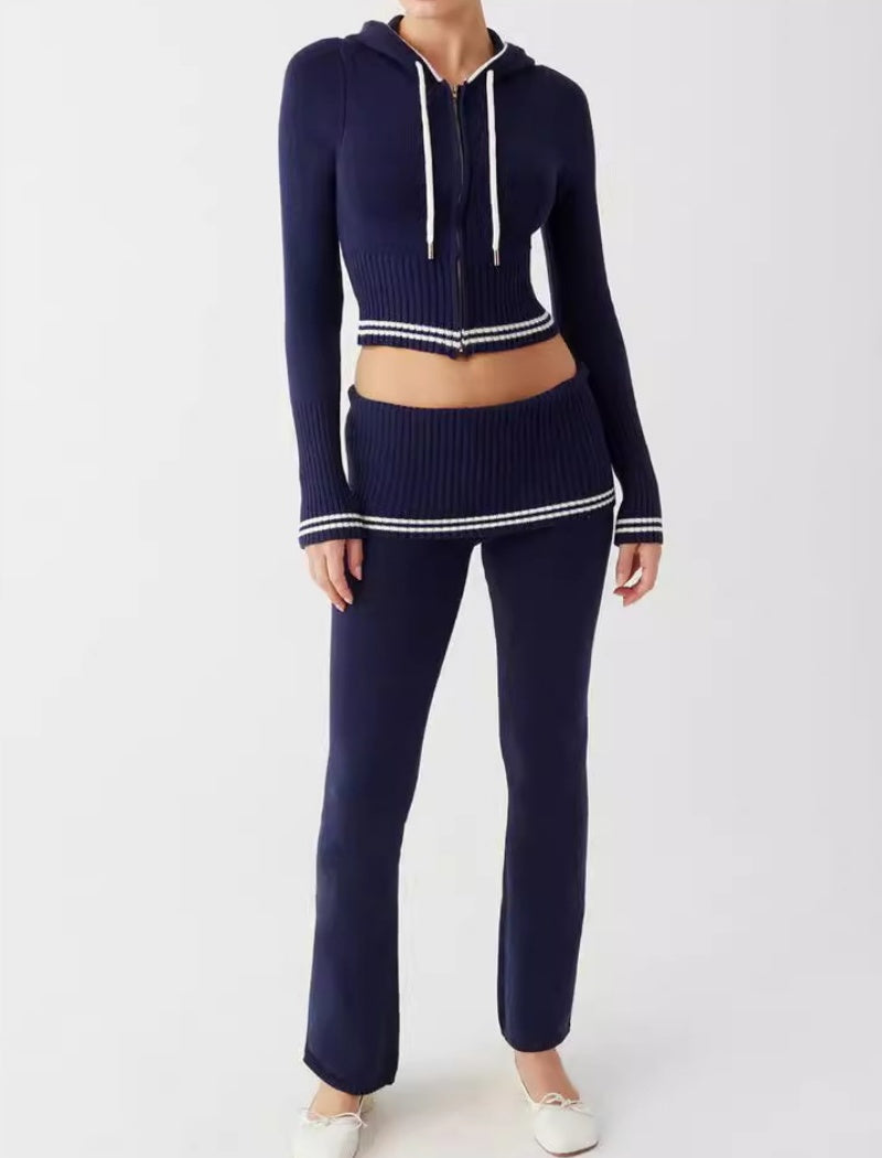 Ribbed Hoodie and Wide-Leg Pants Set
