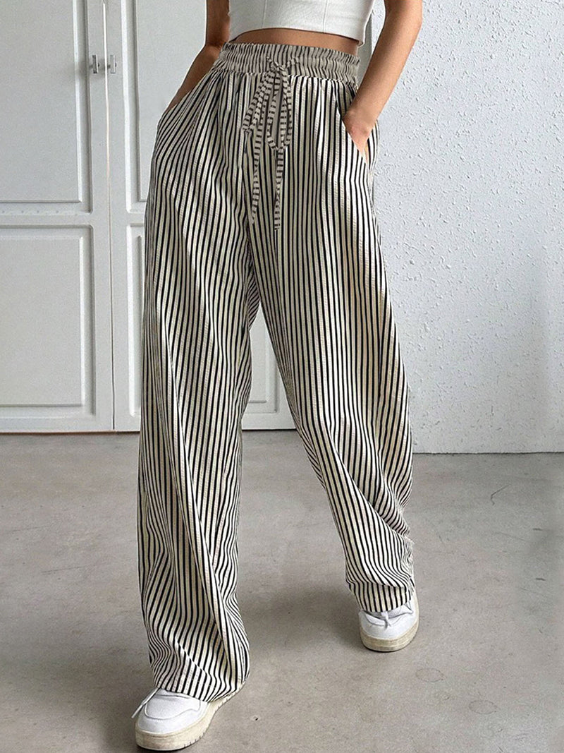 Striped Wide-Leg Drawstring Pants