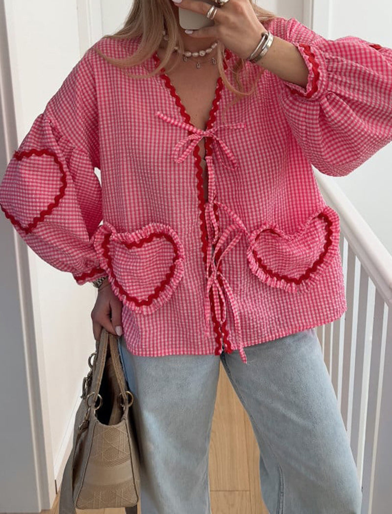 Heart Pocket Checkered Loose Long Sleeve Shirt