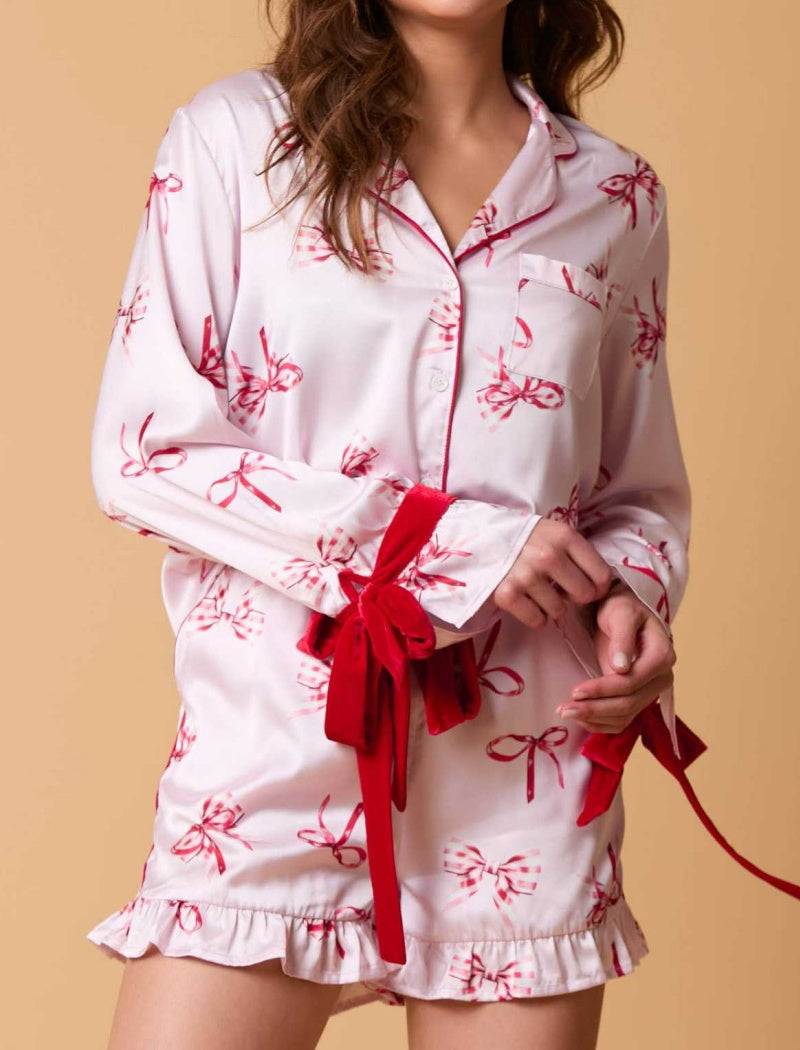 Satin Short-Sleeves and Ruffle Short Pajama Set