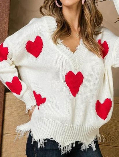 Heart Pattern Distressed V-Neck Sweater