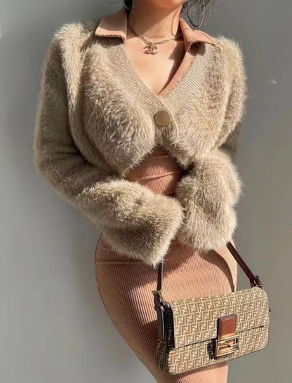 Cropped Furry Cardigan with Button Closure