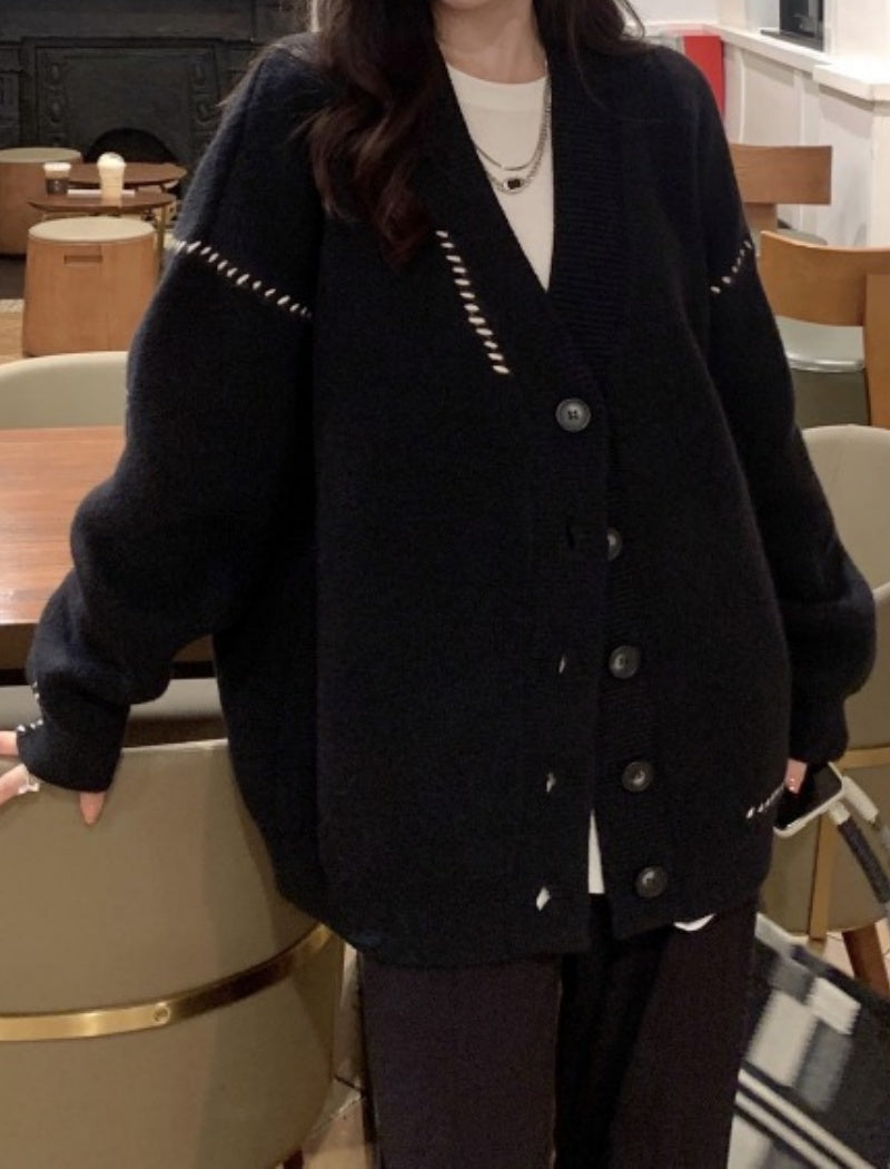 Oversized Button-Up Cardigan with Ribbed Trim [NON-RETURNABLE]
