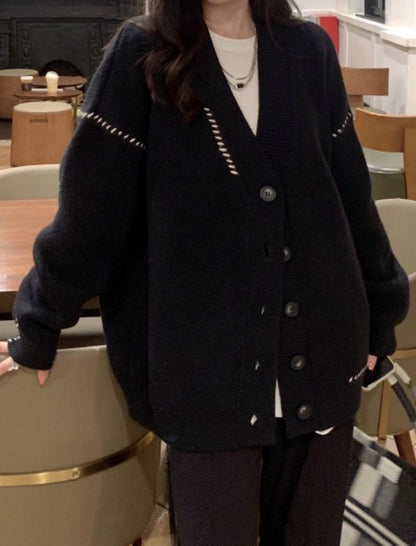 Oversized Button-Up Cardigan with Ribbed Trim [NON-RETURNABLE]