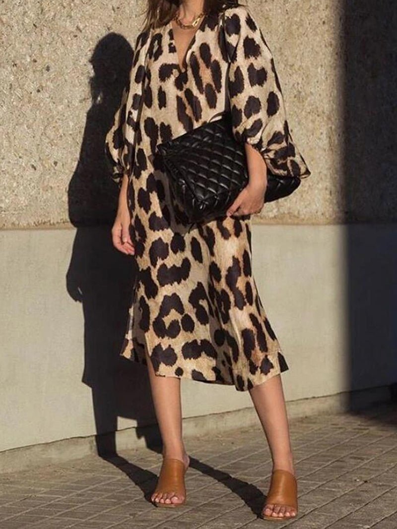 Leopard Print V-Neck Midi Dress