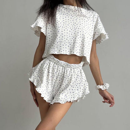 Graphic Ruffle Hem Cropped Shirt &amp; Shorts Pajama Set