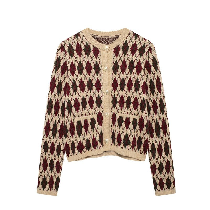 Button-Up Knit Cardigan with Diamond Pattern
