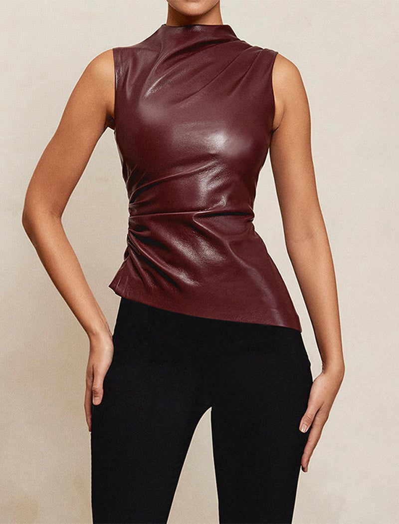 Faux Leather Ruched Sleeveless Top