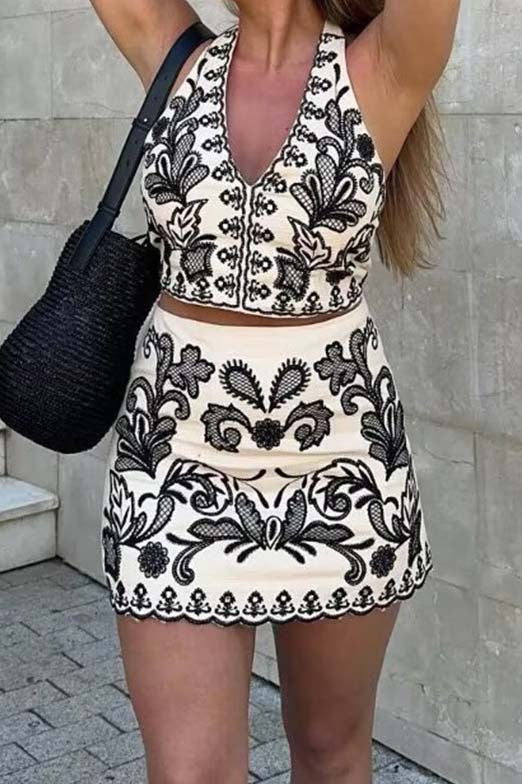 Graphic Print Halter Top and Skirt Set