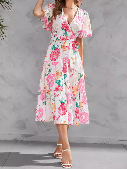 Floral Print Self-Tie Midi Dress