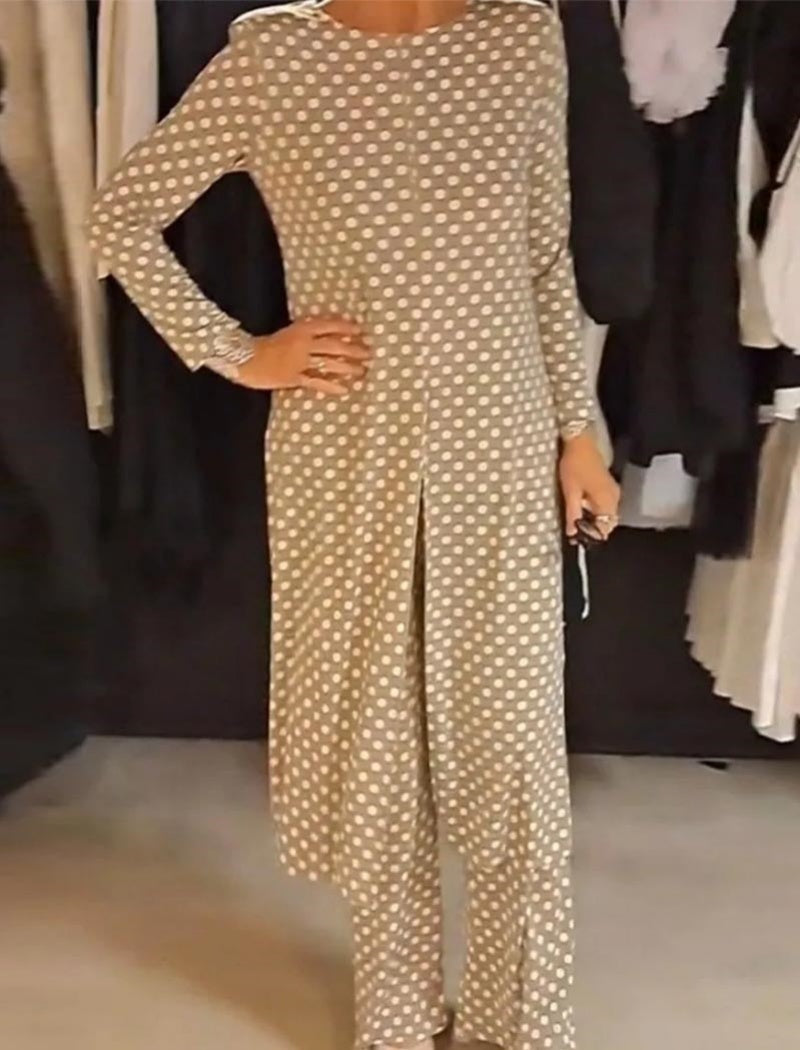 Crewneck Long Sleeve Split Polka Dot Pants Set