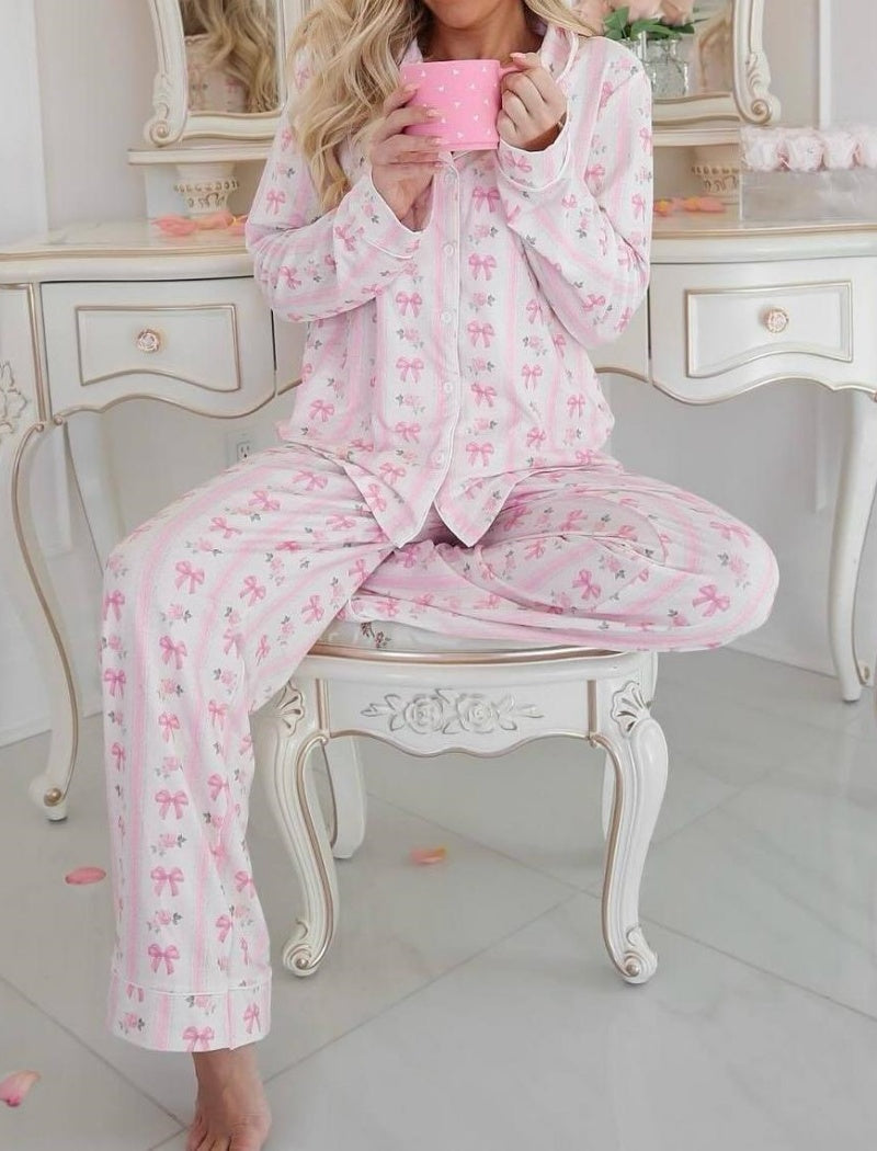 Long Sleeve Pajama Set with Bow Print