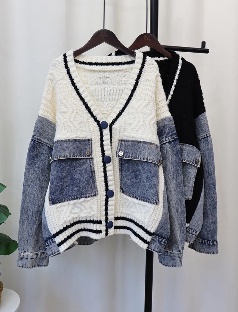 Button-Front Knit Patchwork Cardigan