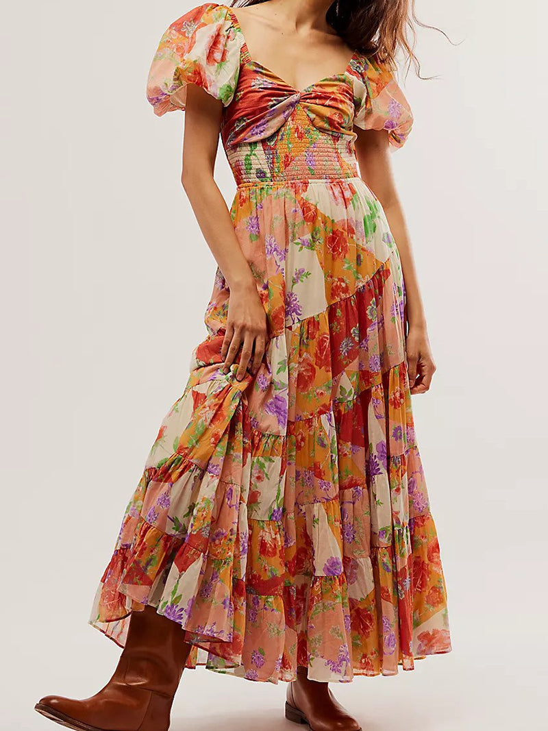 Floral Print Puff Sleeve Maxi Dress