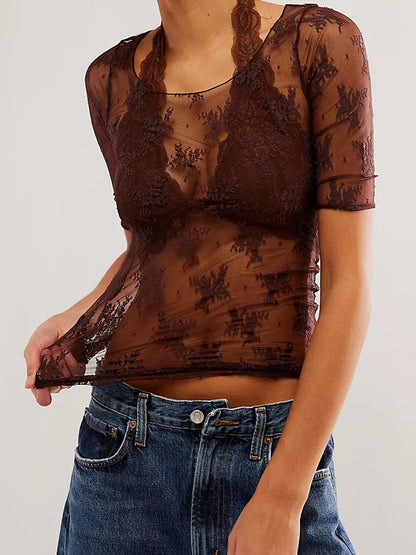 Sheer Lace Floral Top with 1/2 Sleeve