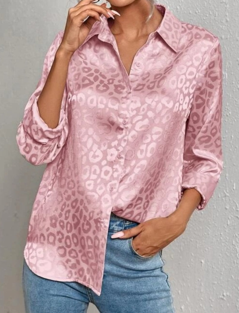 Leopard Print Satin Button-Up Top