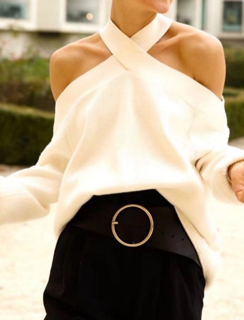 Cross-Neck Off-Shoulder Sweater