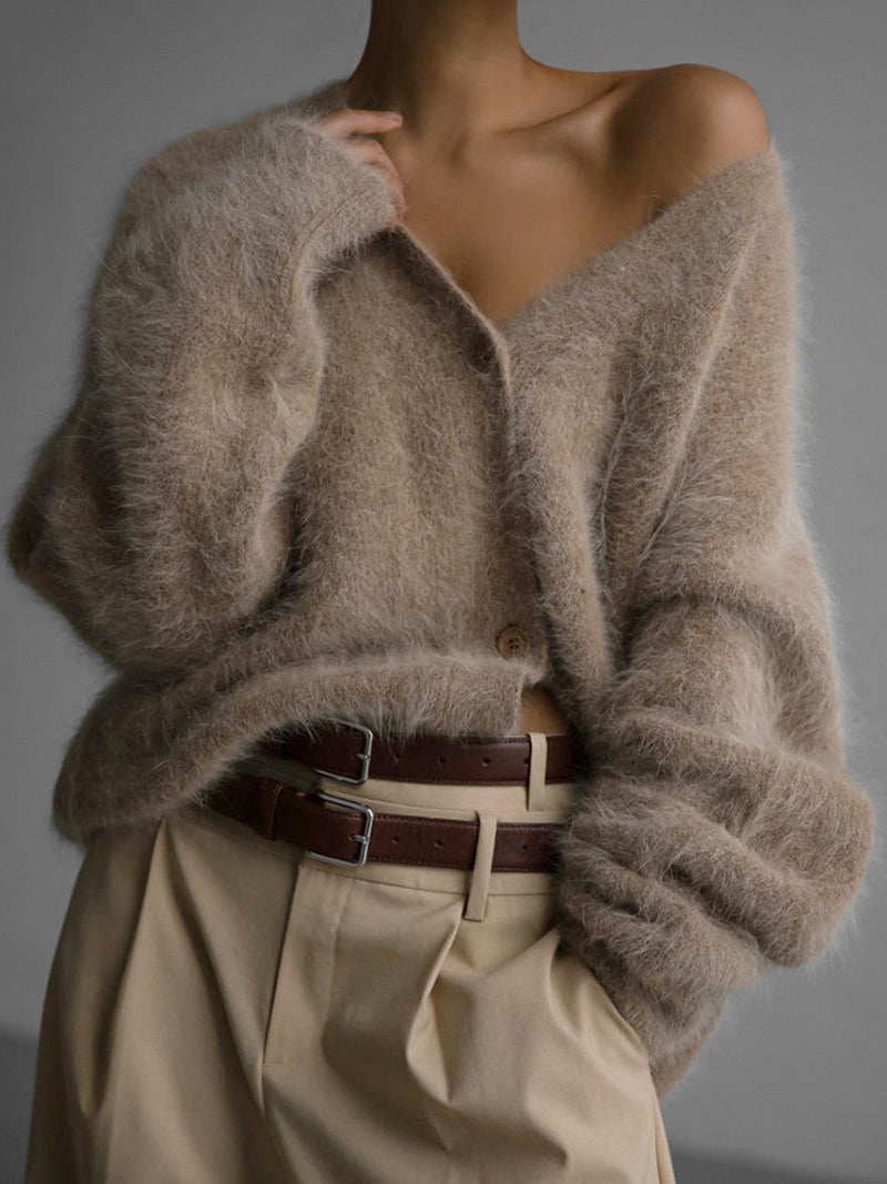 Button-Front Fuzzy Cardigan