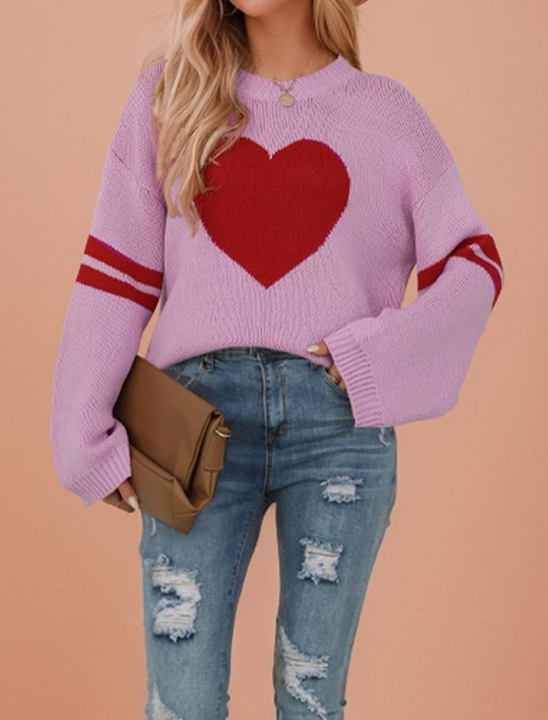 Heart Patterned Knit Sweater with Striped Sleeves