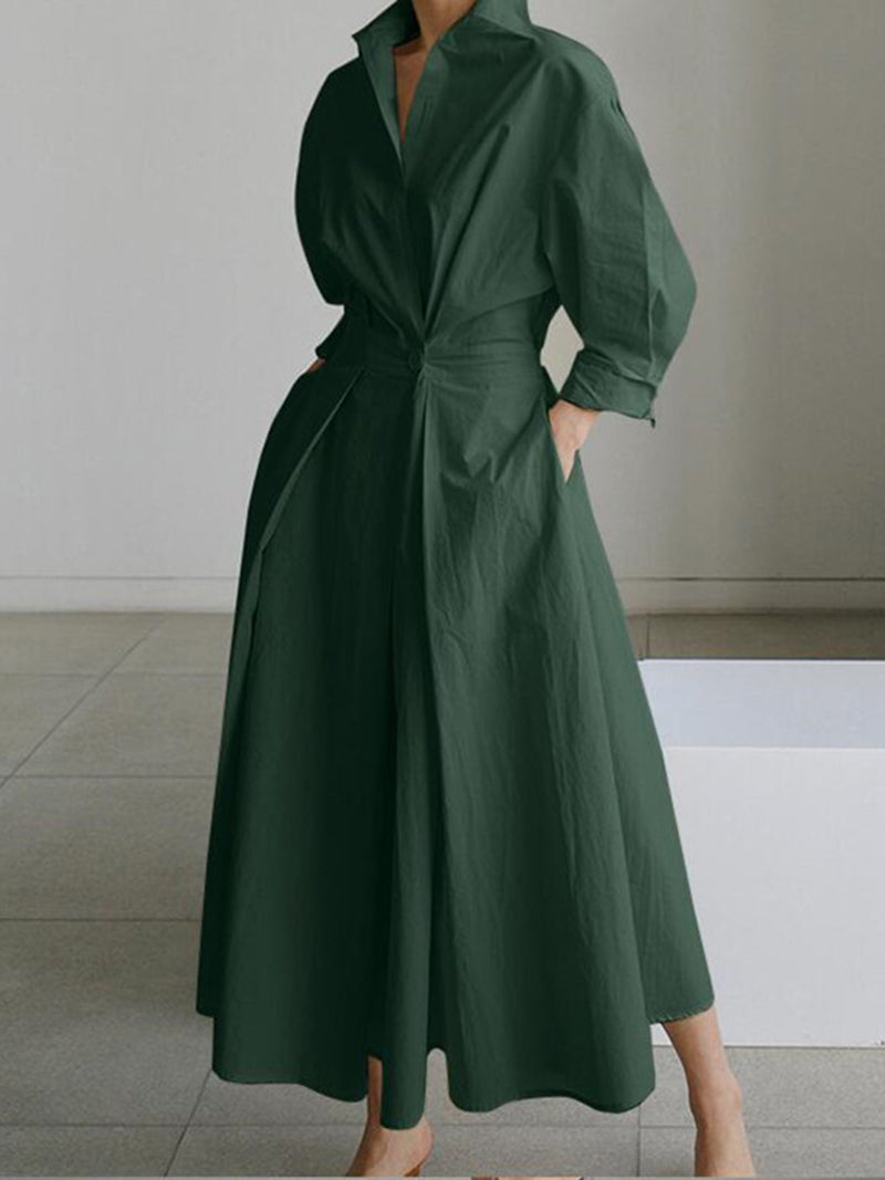 Pleated Waist Long Shirt Dress