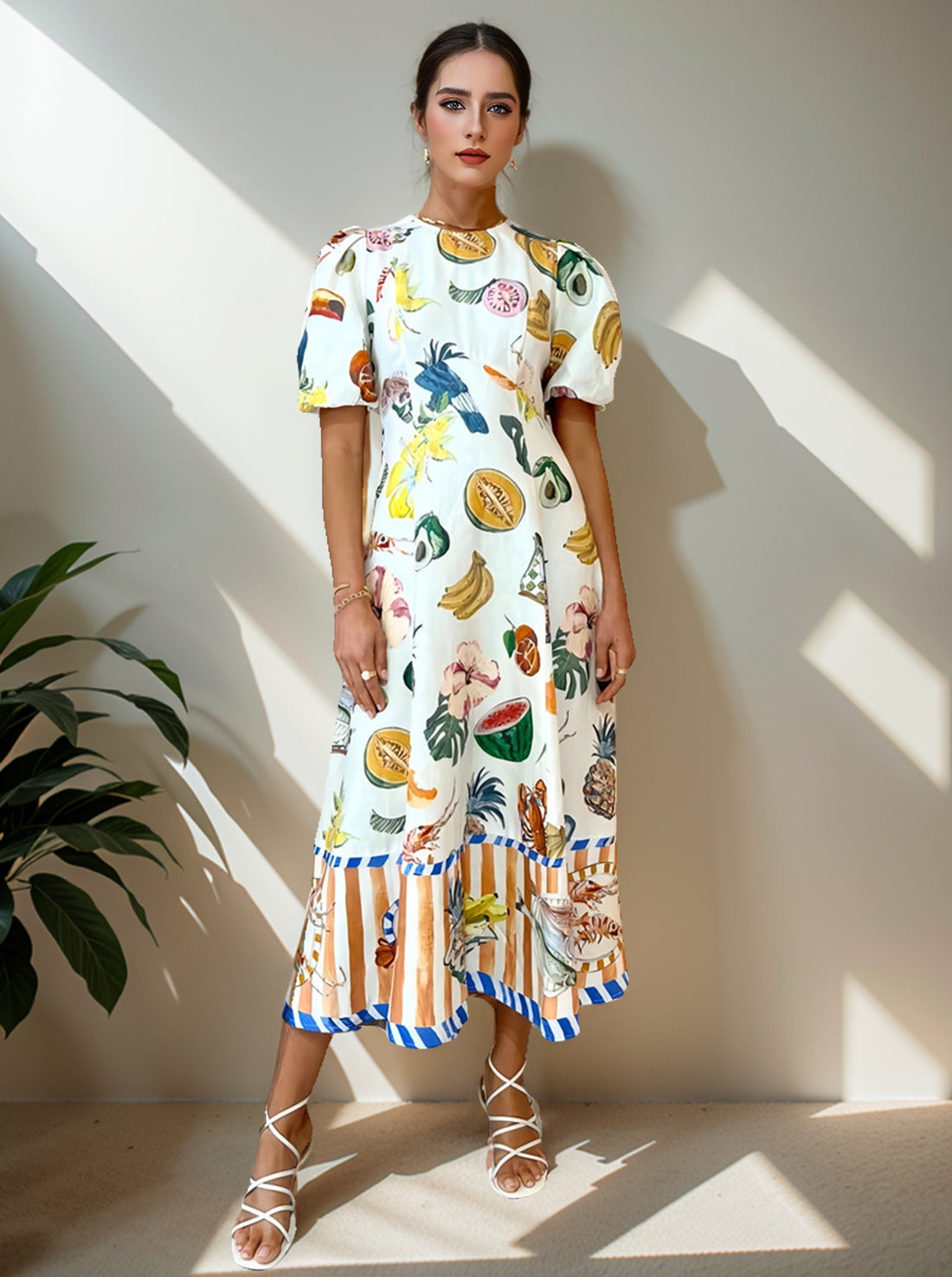 Graphic Print Puff Sleeve Midi Dress