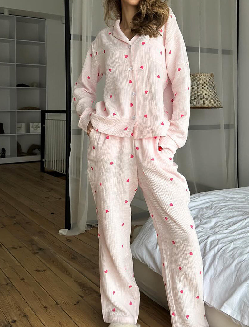 Heart Print Long Sleeve Pajama Set