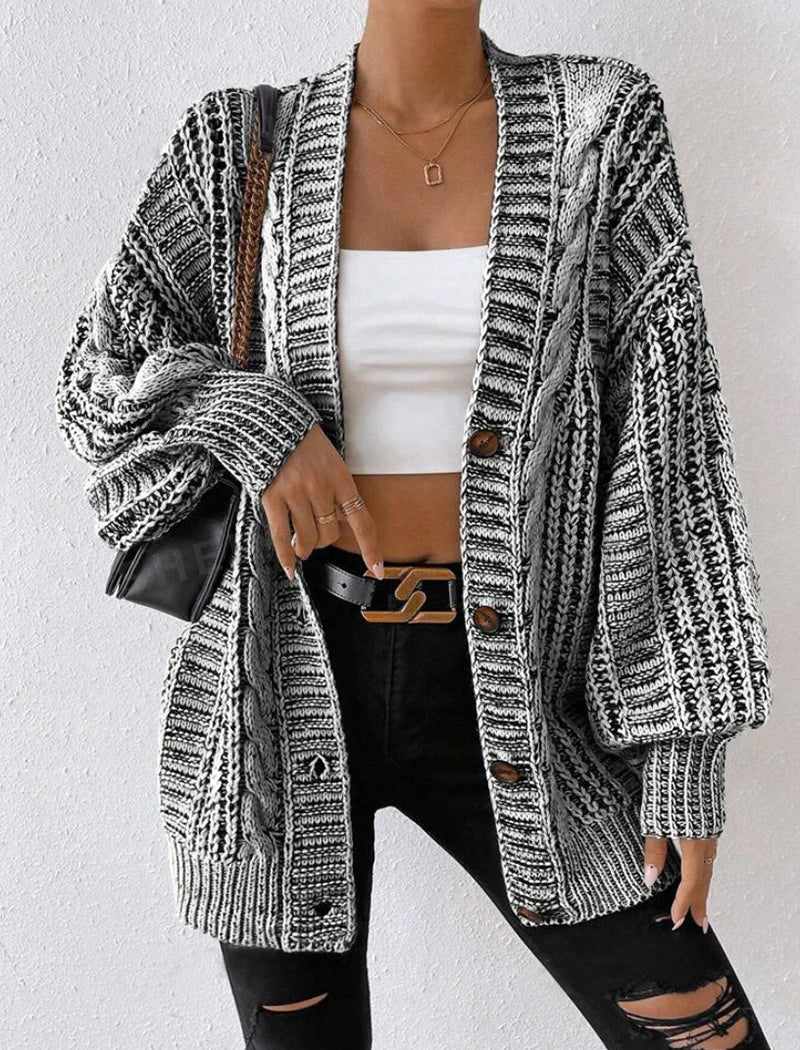 Mid-Length Lantern Sleeve Knit Cardigan