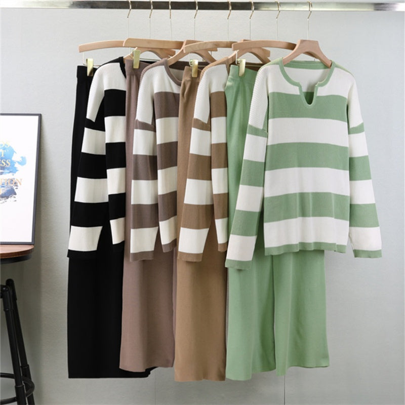 Striped Knit Sweater and Wide-Leg Pants Set
