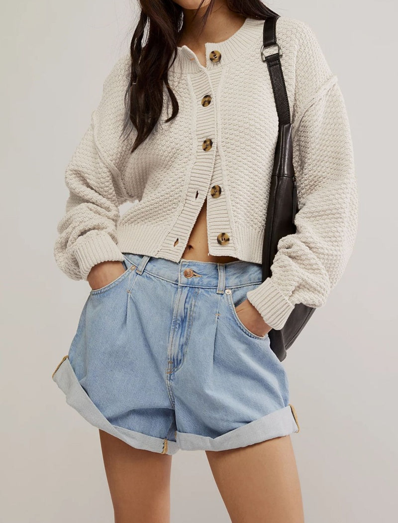 Cropped Button-Up Knit Cardigan