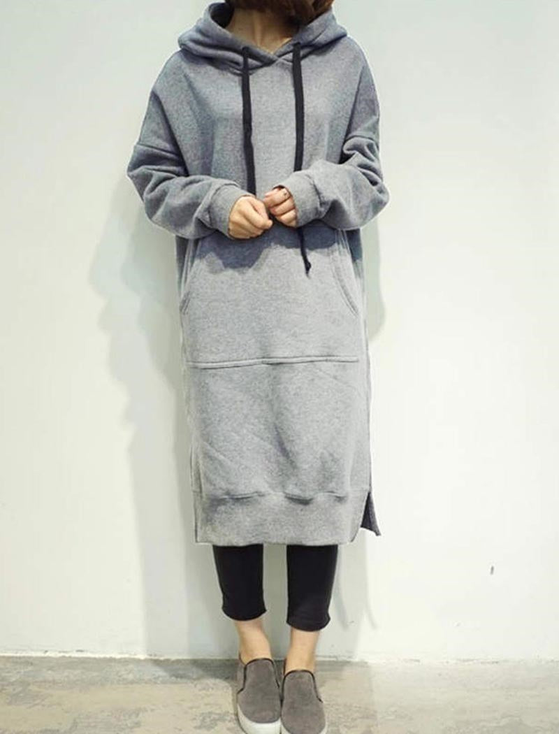 Long Sleeve Solid Color Casual Hoodie Dress