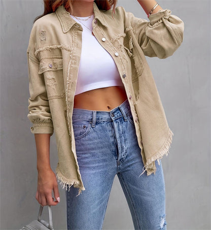 Solid Ripped Long Sleeve Denim Jacket