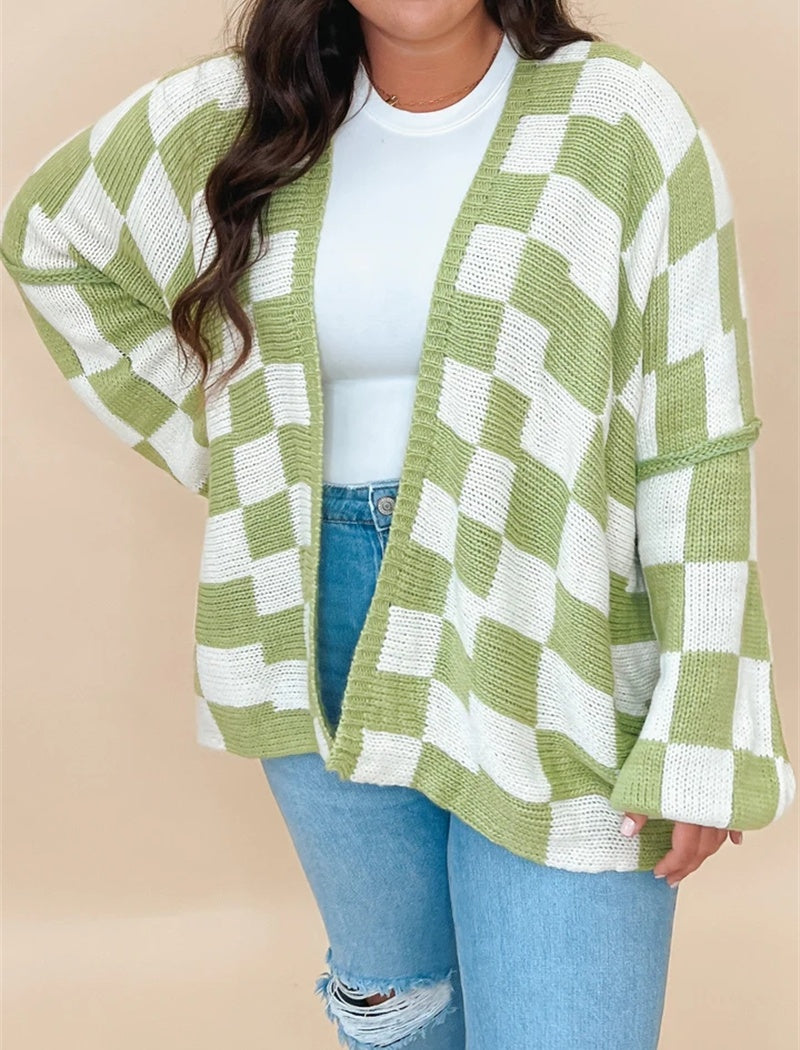 Checkered Open-Front Knit Cardigan