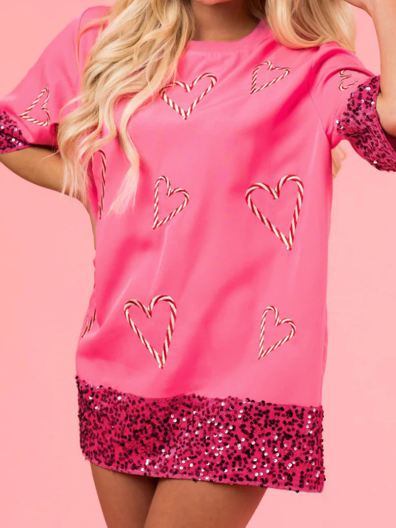 Heart Print Sequin Trim Tee