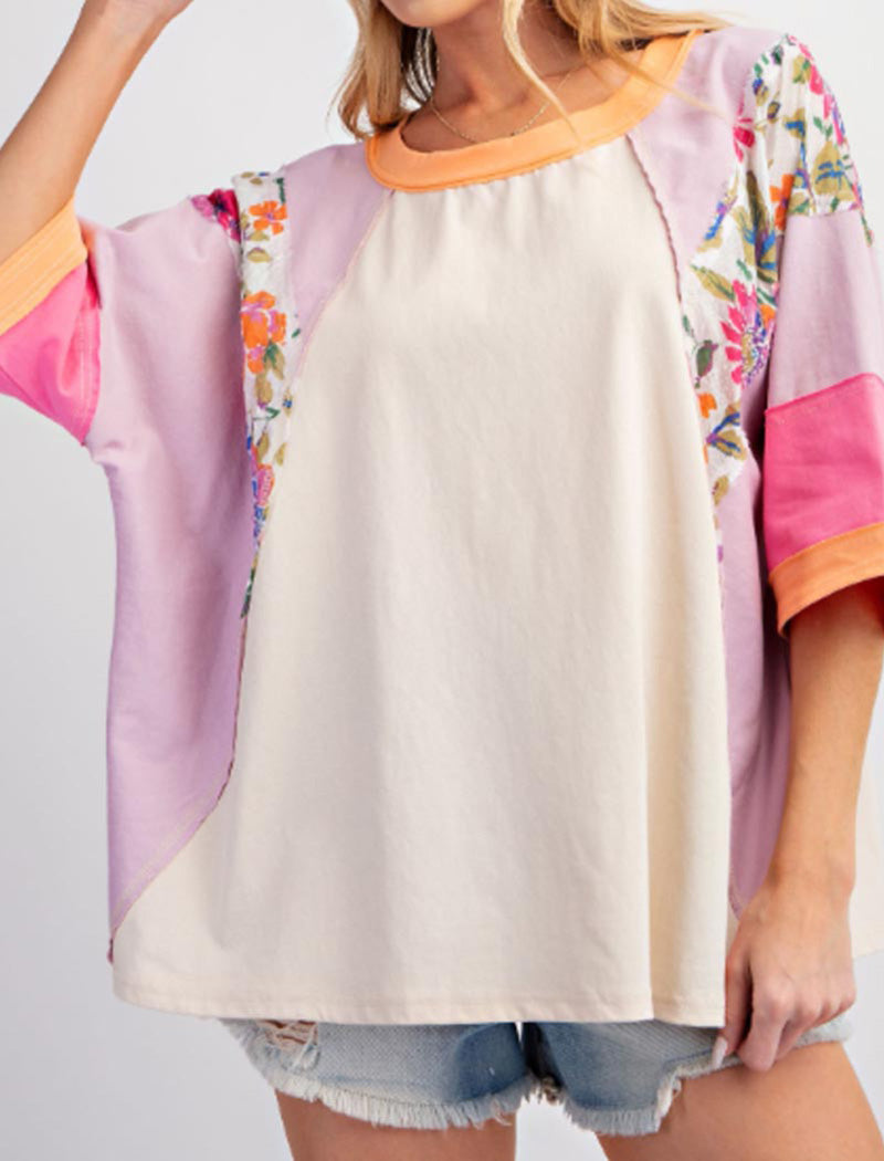 Striped Floral Panel Raglan Top